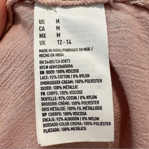 AMERICAN EAGLE | Blush Pink Boho Peasant Blouse Lace Trim Long Sleeve | Medium - Picture 6 of 8